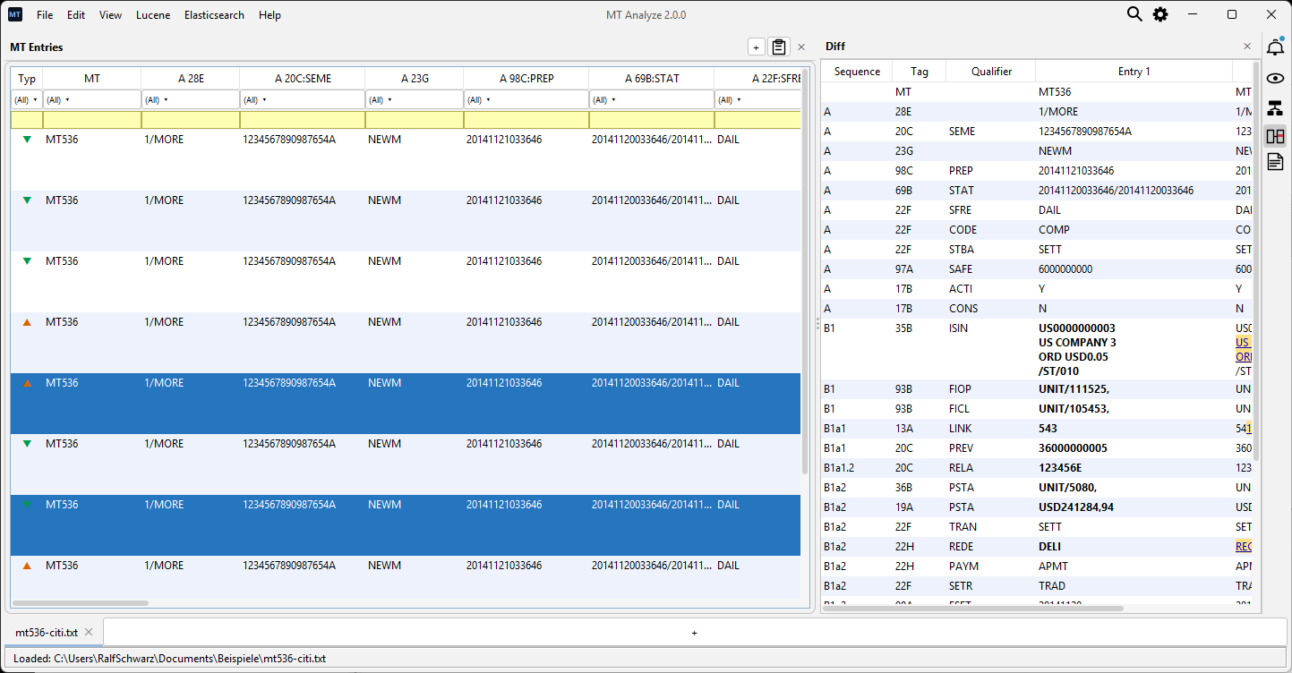 MT Analyze Demo: ein Beispiel-MT-536-Wertpapierstatement von Citi wird per Drag & Drop geladen, anschließend werden zwei Zeilen nebeneinander im Diff-View verglichen